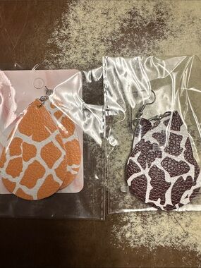 Teardrop Giraffe Print Leather Earrings - Orange & Brown